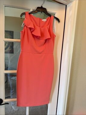 Calvin Klein Coral Ruffle Midi Sheath Dress